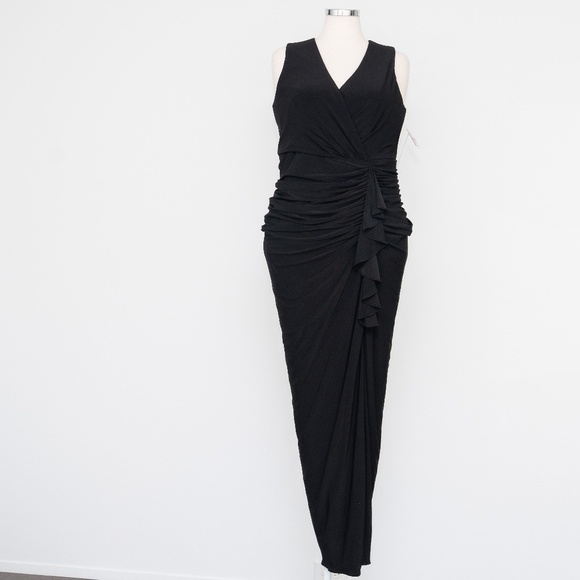 Betsy & Adam Plus Bobbi Long Ruffled V Neck Gown - Picture 2 of 13